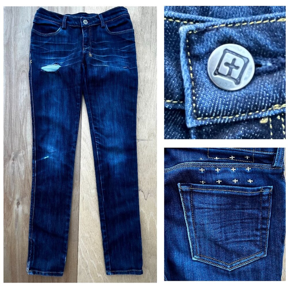 KSUBI SUPER SKINNY ZIP HEM LOW RISE WOMEN’S JEANS sz 27 Destructed Denim